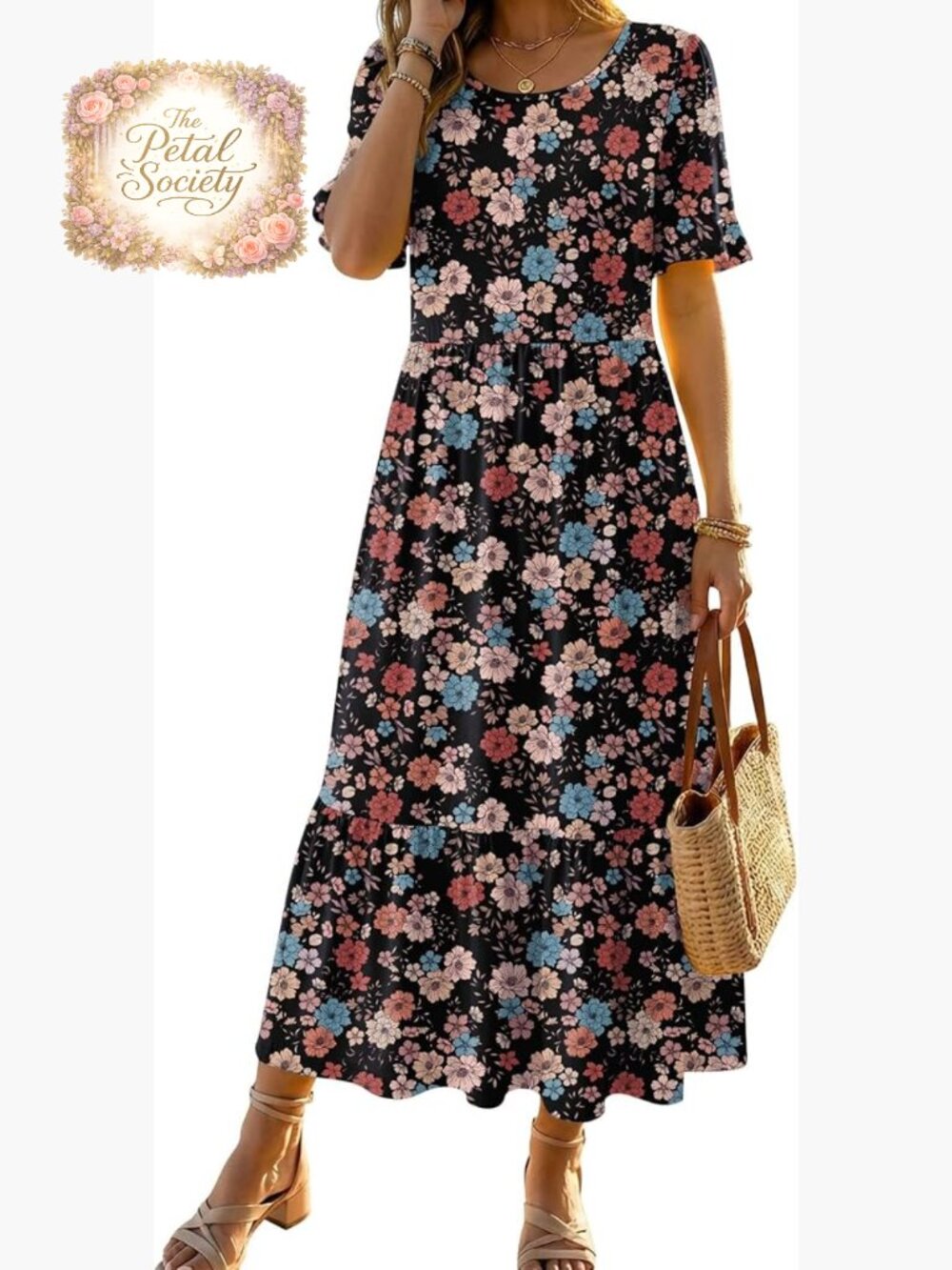 Midi Dress Flowy Sundress Ruffle Short Sleeve Tiered A Line Boho